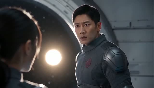 A pilot in a grey flight suit with a round red badge on his left chest turns from an observation window with the Sun behind him; a second figure stands in the foreground, back to camera
