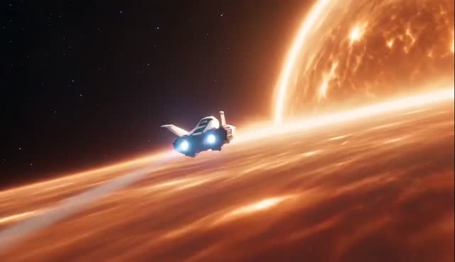 A small white craft with blue engines flies low over the blazing orange surface of the Sun, trailing a plume of fire