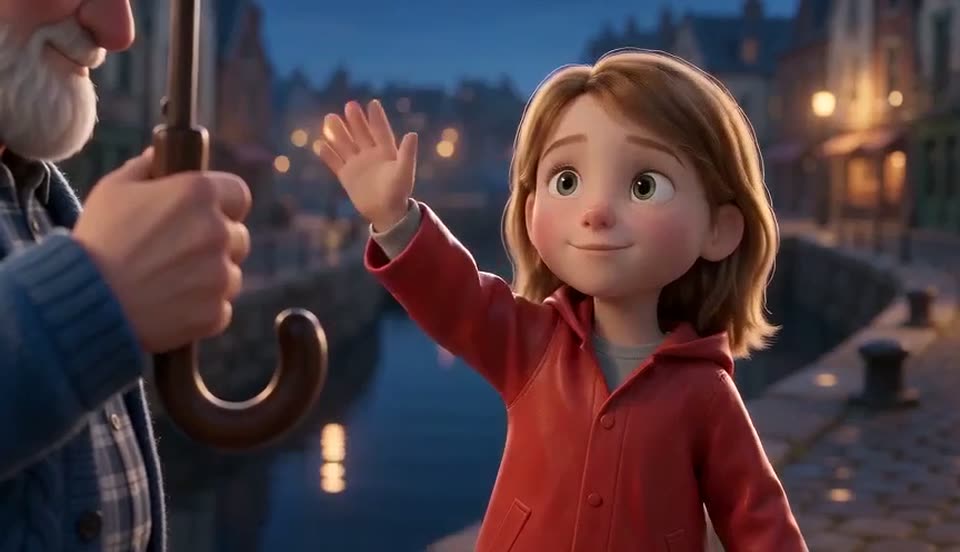 Clip 5: Mia waves goodbye at the harbor at dusk, beside Grandpa Tomas and his umbrella