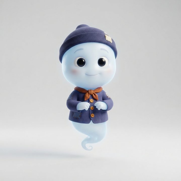 Reference design for Boo, a small round white ghost with big black eyes, a knitted hat and a navy jacket with an orange scarf