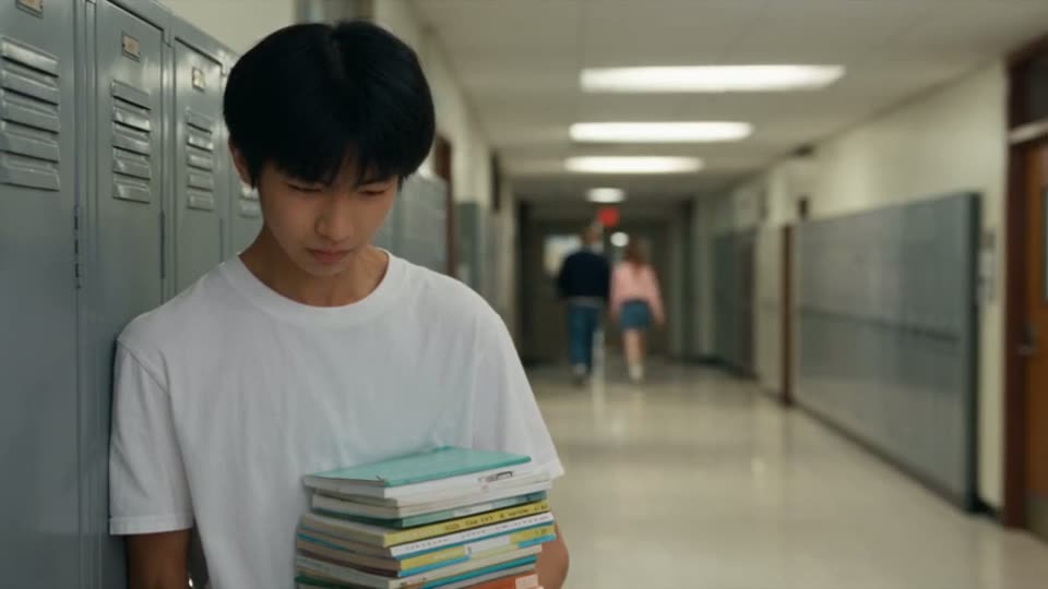 Clip 1: Mike leans against school lockers holding a stack of books