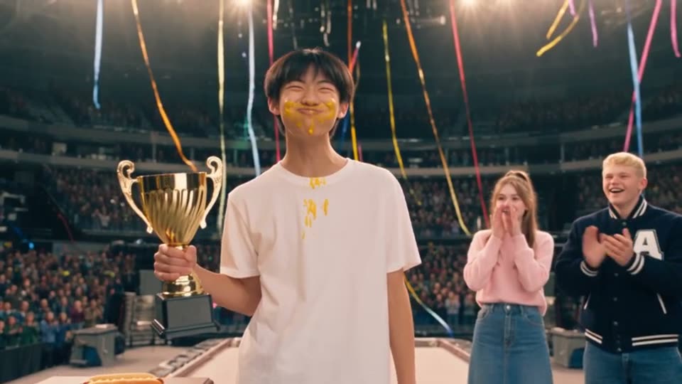 Clip 10: Mike on the podium with the trophy, Bella and the quarterback clapping
