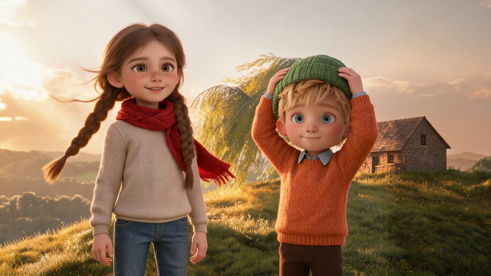 Page 1: June and her little brother Theo in his green knitted hat on top of Willow Hill at sunset