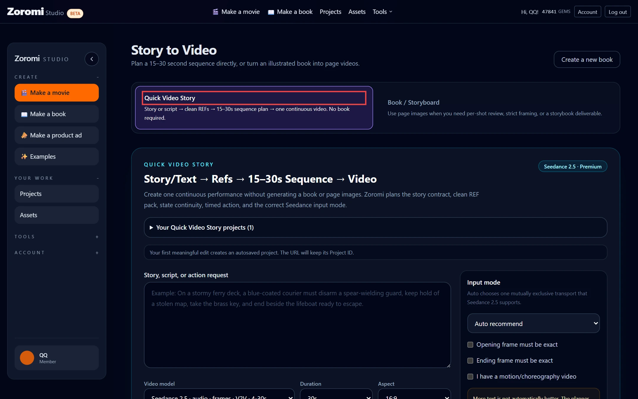 Open Story-to-Video and pick Quick Video Story