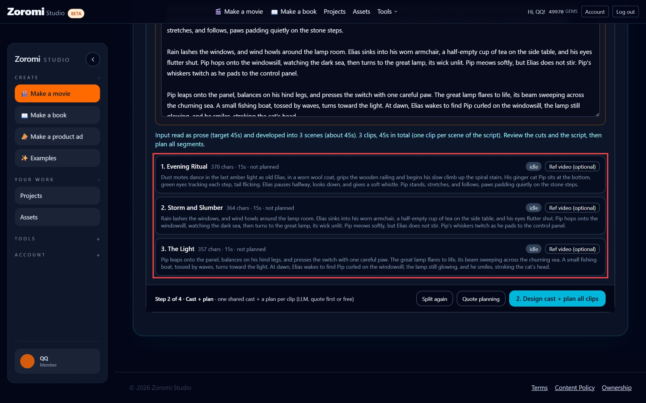 Split the story into clips