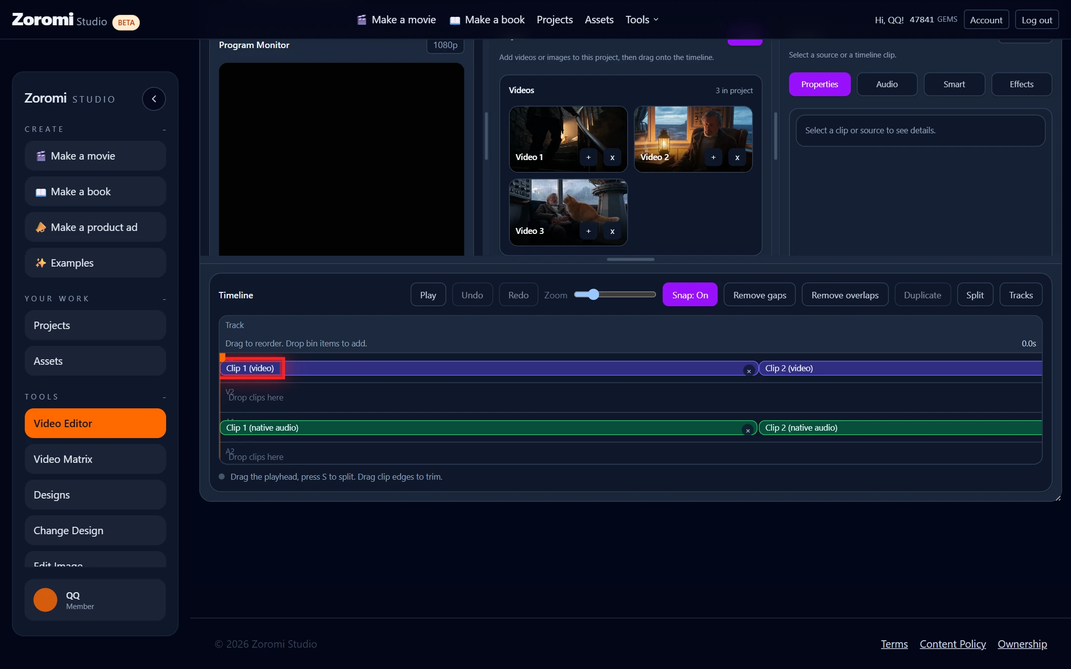 Select a clip to adjust it